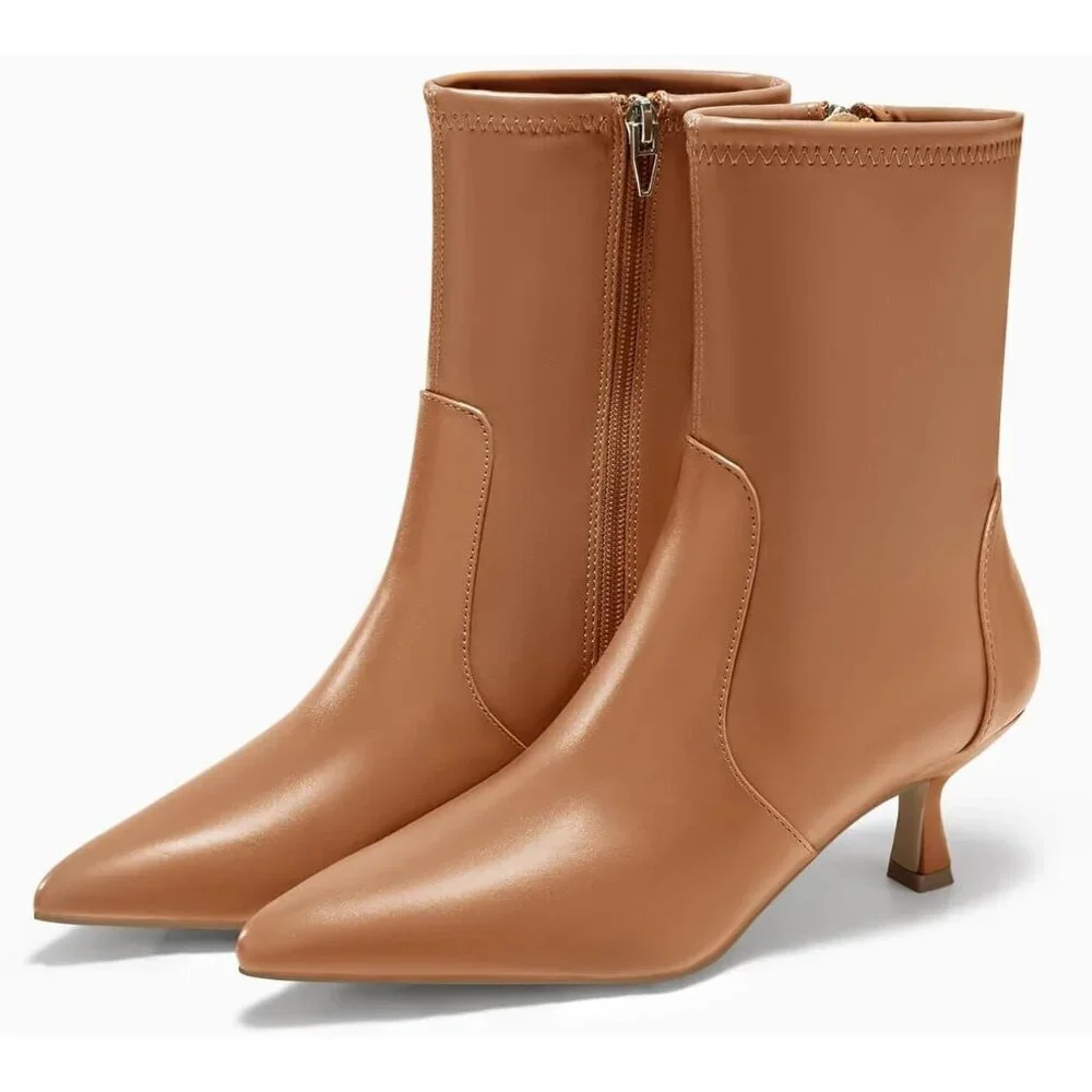 Women's Brown Low Kitten Heel Ankle Shoes Pointed Toe Side Zipper Fall Booties
